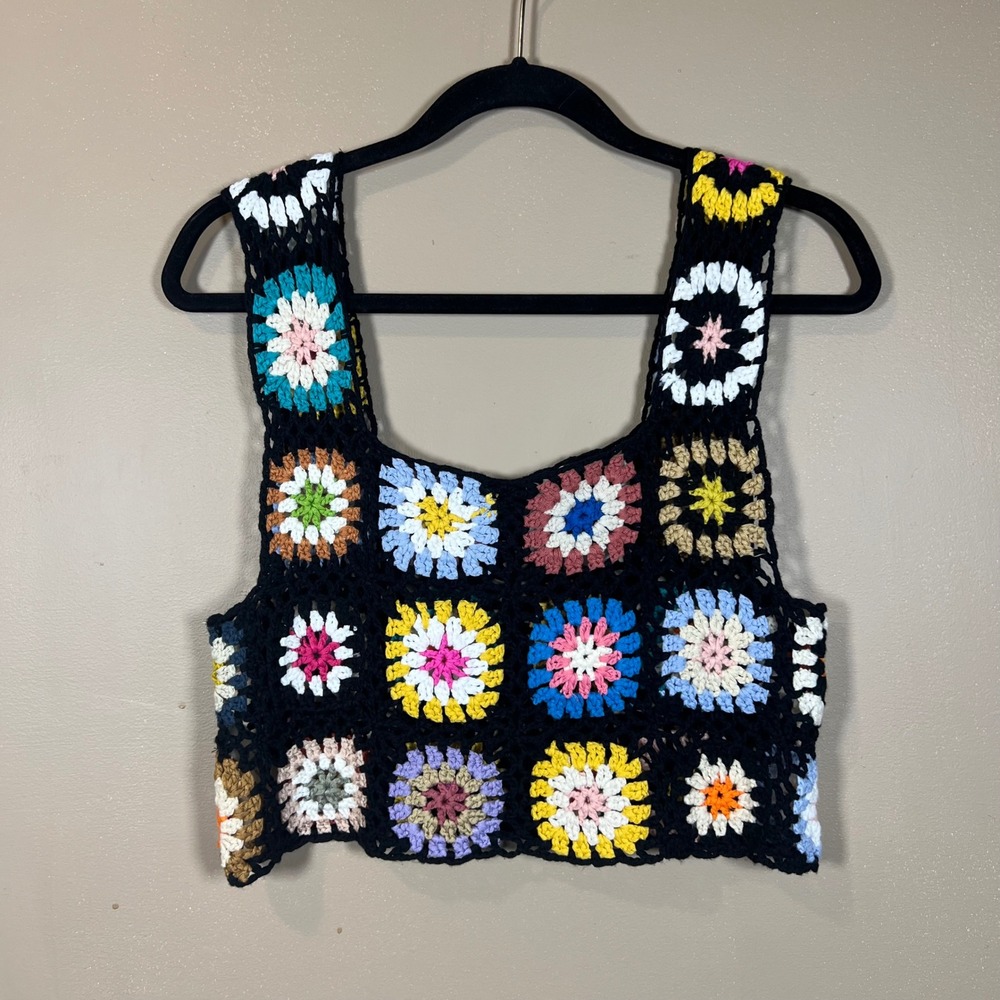 Handmade Crochet Granny Square Crop Top Multi-Color Boho Knit Tank Vest Black